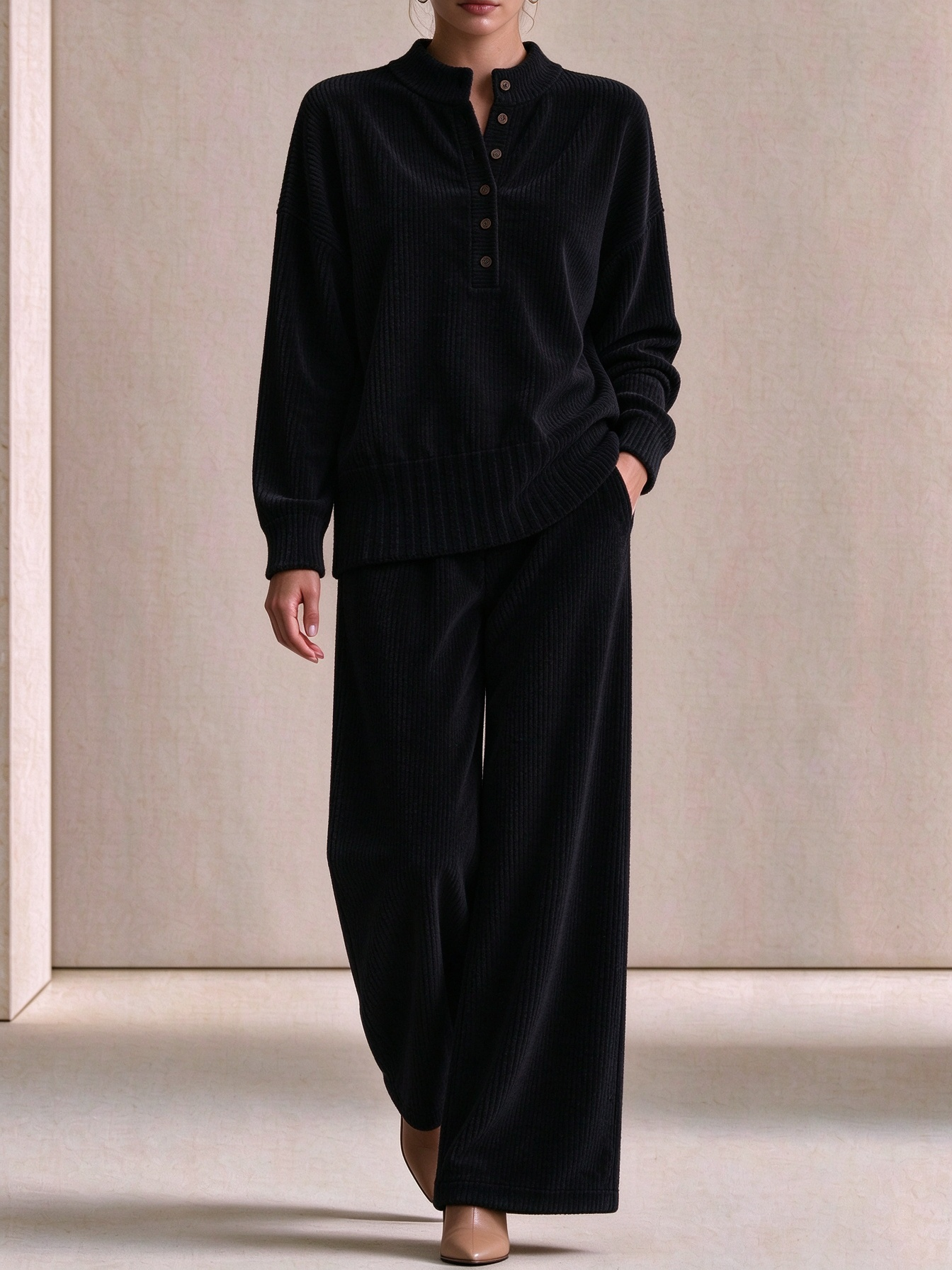 Women's Casual Loose Button Top and Wide-Leg Pants Knit Suit