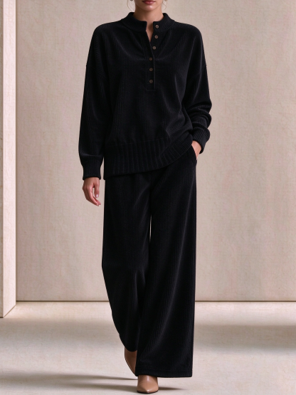 Women's Casual Loose Button Top and Wide-Leg Pants Knit Suit