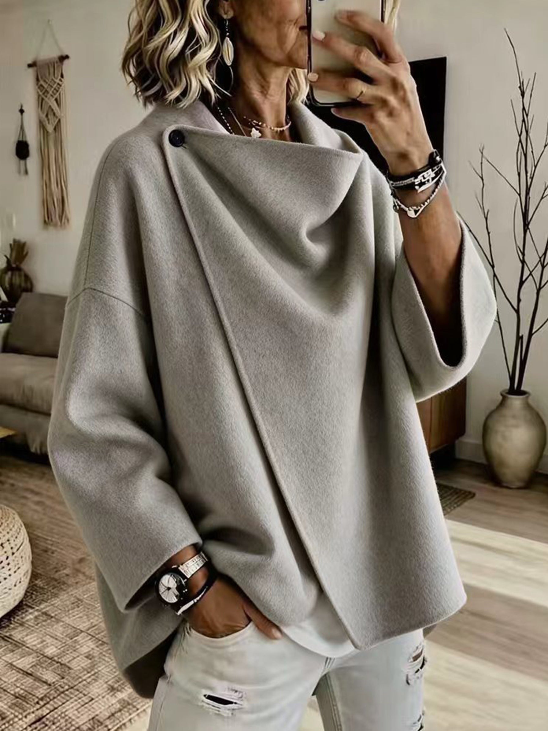 CLEARANCE SALE🔥 Women's Casual Solid Button Wide Sleeves Wool Breasted Coat