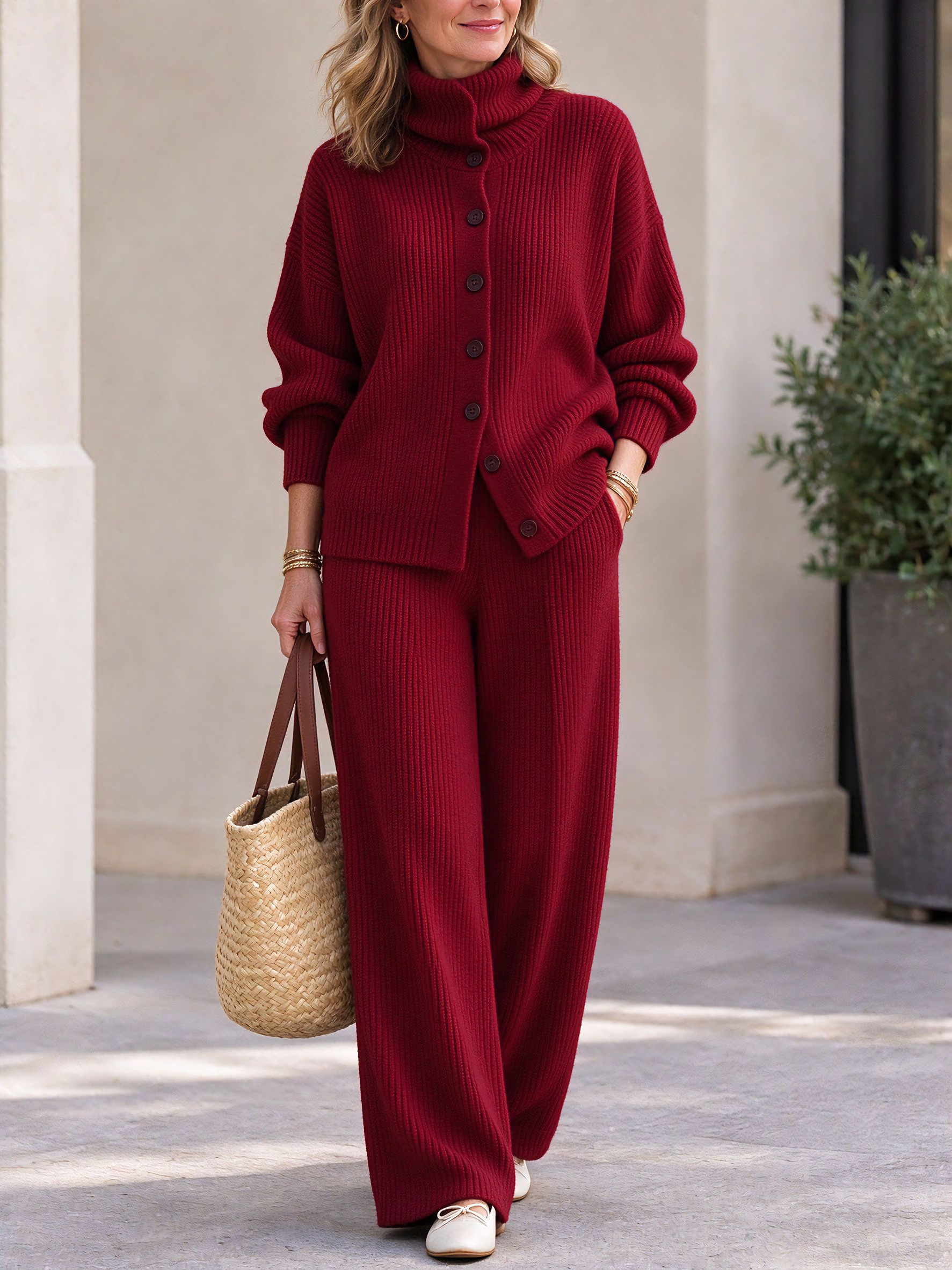 ⏰2026 HOT SALE💥 Women's Casual Turtleneck Top and Wide-Leg Pants Knit Suit
