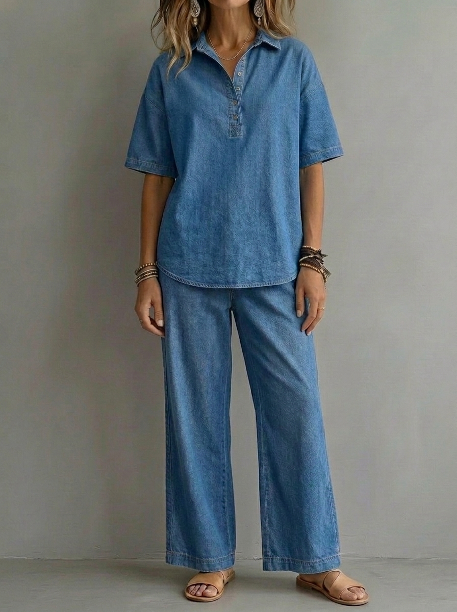 CLEARANCE SALE🔥 Women’s Casual Denim-Style Button Shirt and Wide-leg Pants Set