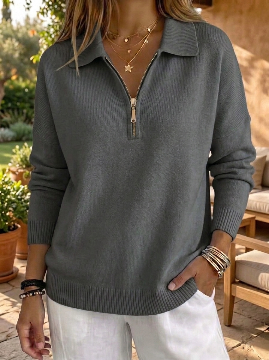 HOT SALE🔥 Women's Casual Zipper Plain Long Sleeve Comfy Sweater