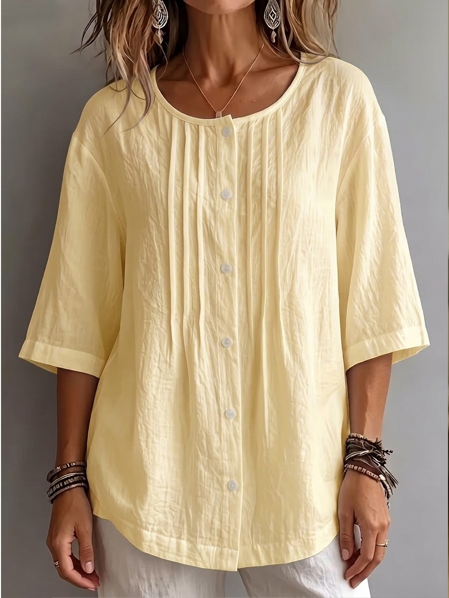 New Arrival 🔥Women'S Round Neck Three-Quarter Sleeve Pleated Shirt