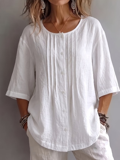 New Arrival 🔥Women'S Round Neck Three-Quarter Sleeve Pleated Shirt