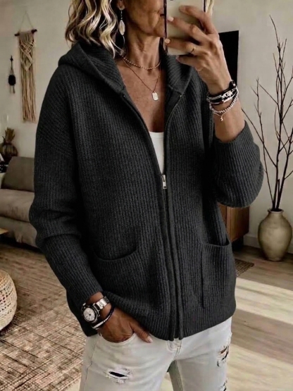 CLEARANCE 💥 Women's Casual Solid Zipper Knitted Hoodie Cardigan Jacket