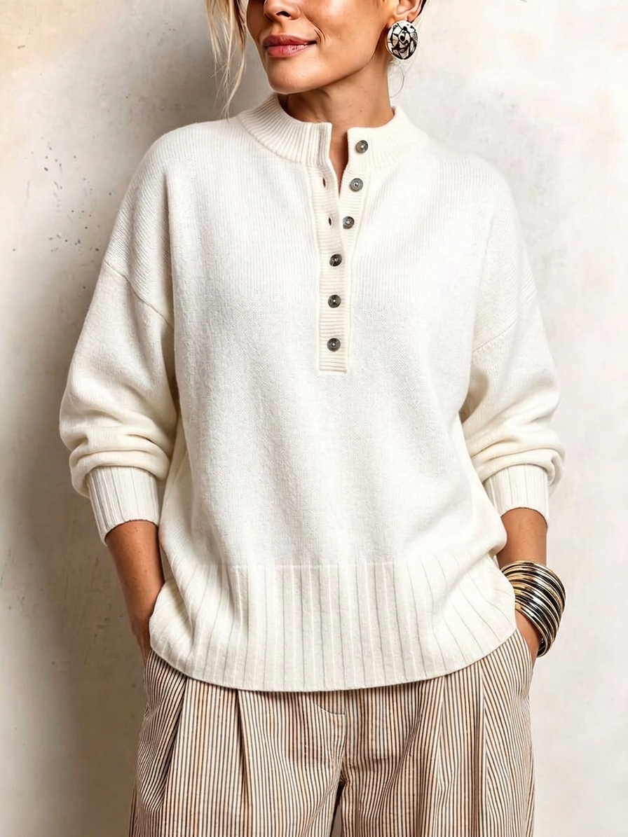 Women's Casual Solid Crew Neck Button Loose Cashmere Sweater