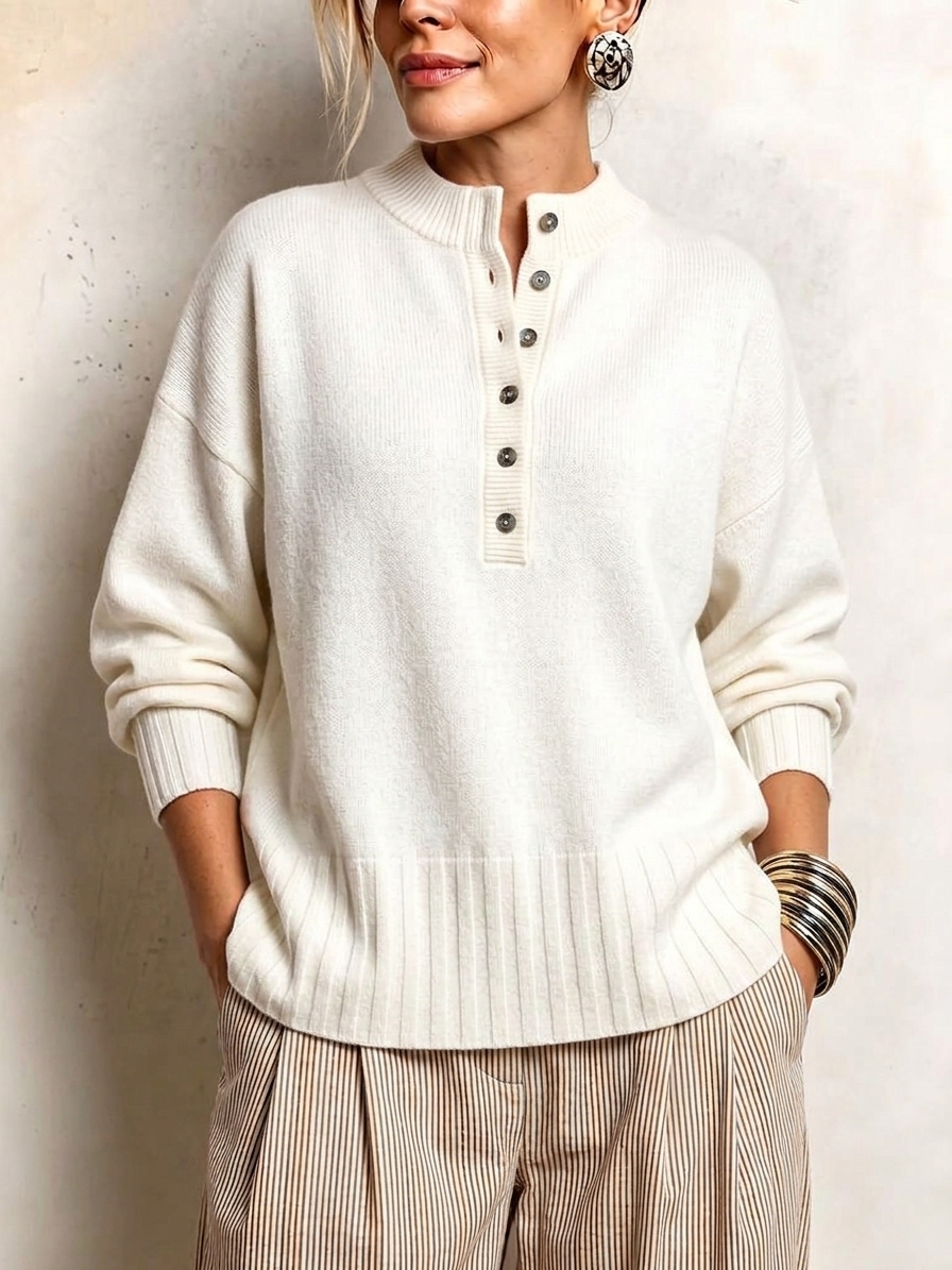 Women's Casual Solid Crew Neck Button Loose Cashmere Sweater