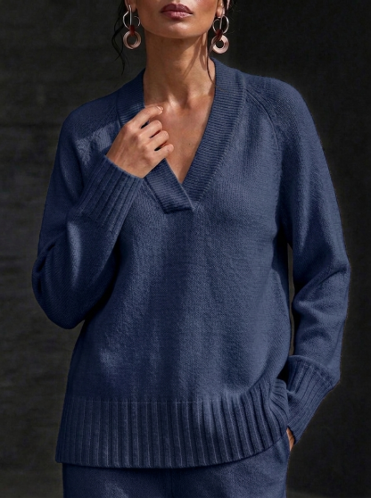 HOT SALE💥 Women's Casual V-neck Soft Sweater and Wide-Leg Pants Cashmere Suit
