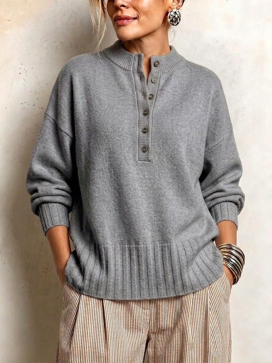 Women's Casual Solid Crew Neck Button Loose Cashmere Sweater