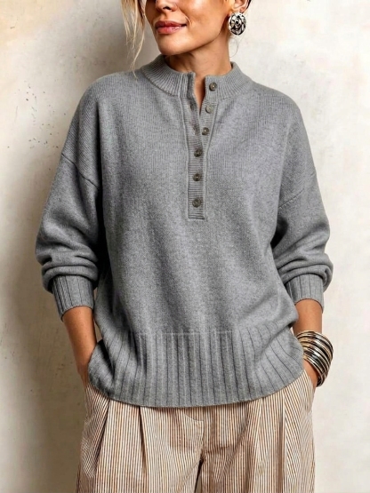 Women's Casual Solid Crew Neck Button Loose Cashmere Sweater