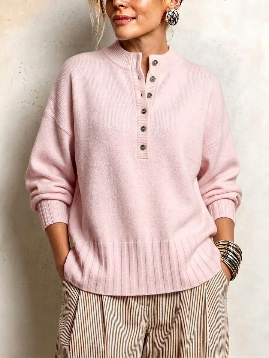 Women's Casual Solid Crew Neck Button Loose Cashmere Sweater