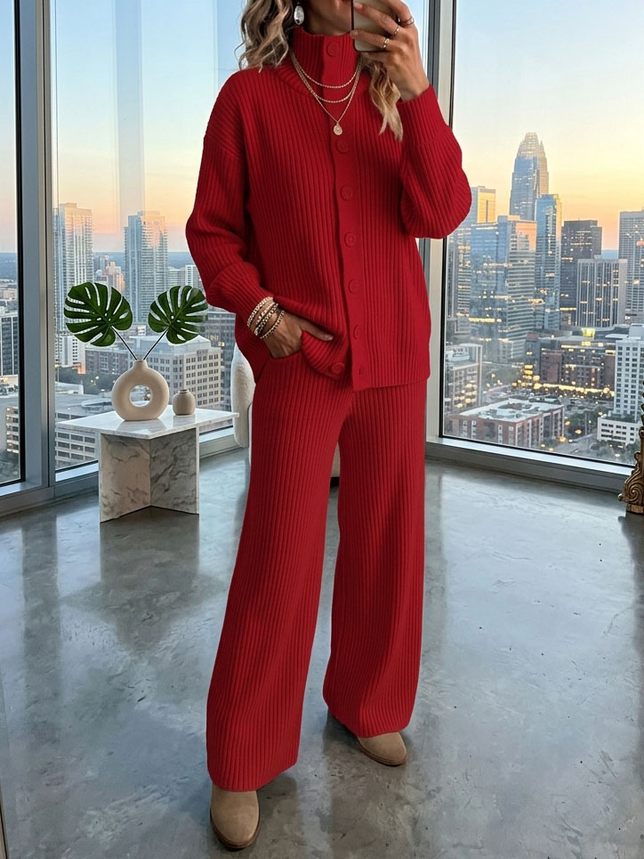 ⏰2026 HOT SALE💥 Women's Casual Cardigan Sweater and Wide-Leg Pants Cashmere Suit