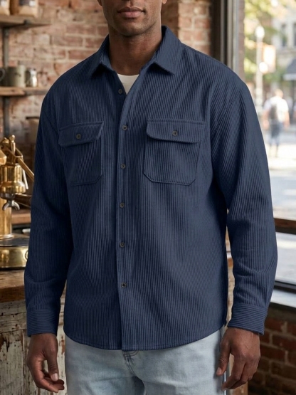 Men's Casual Comfortable Solid Lapel Pocket Long Sleeve Polo Shirt