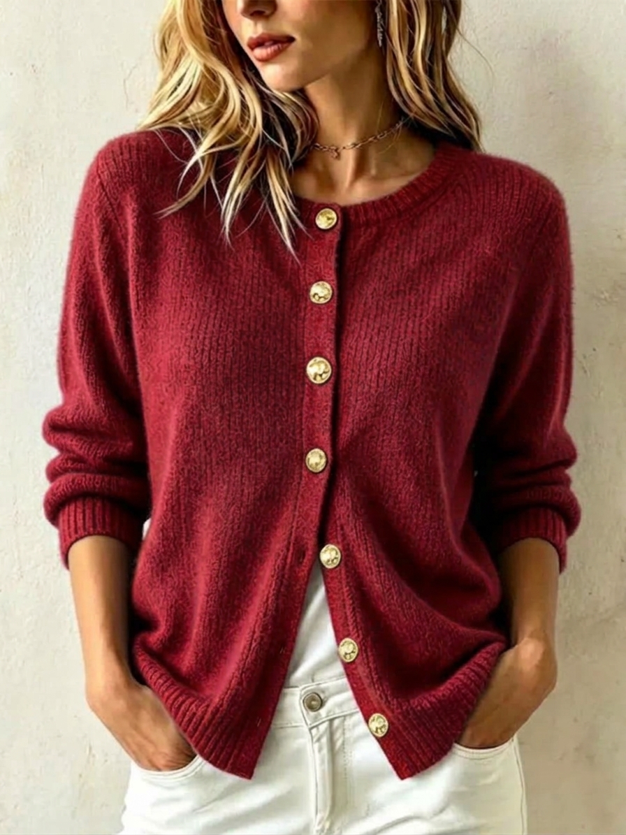 Women's Casual Loose Gold-button Cashmere Knit Cardigan with Crew Neck