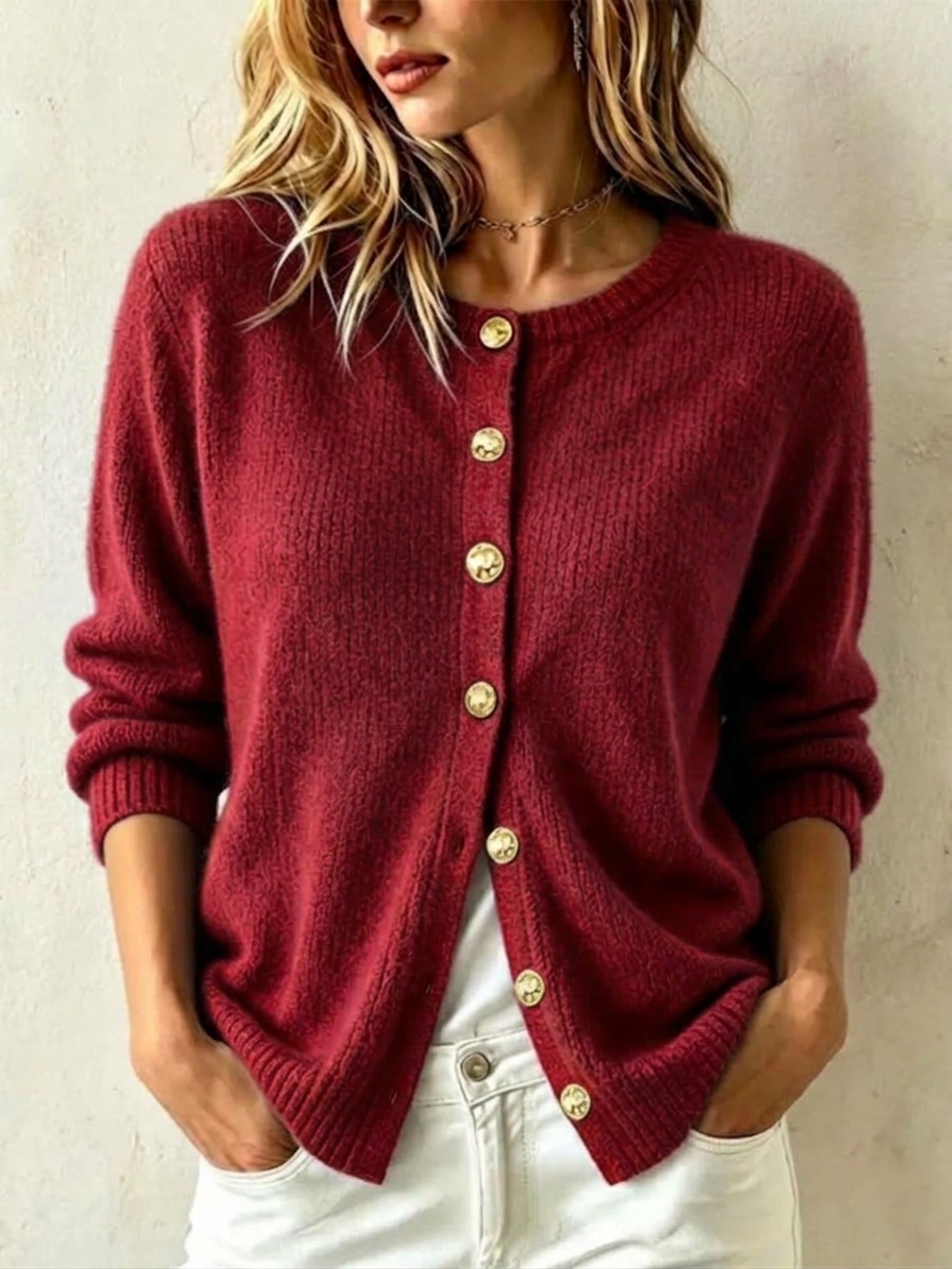 Women's Casual Loose Gold-button Cashmere Knit Cardigan with Crew Neck