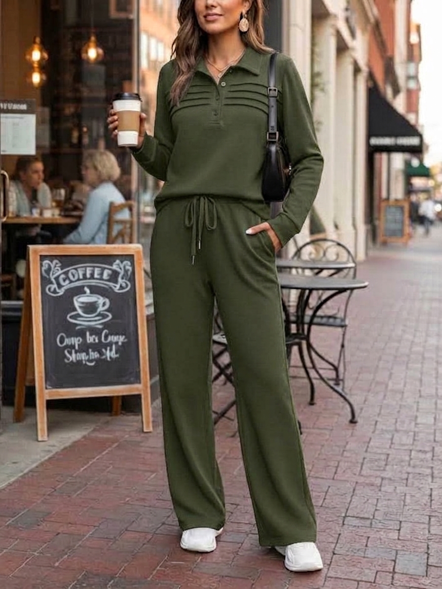 Women's Casual 2 Piece Sets Lapel Button Sweatshirt Travel Outfits
