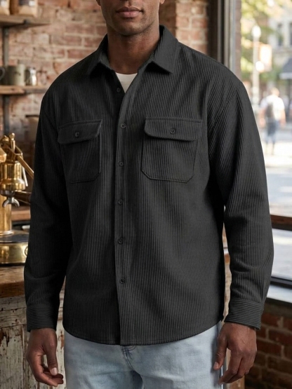 Men's Casual Comfortable Solid Lapel Pocket Long Sleeve Polo Shirt