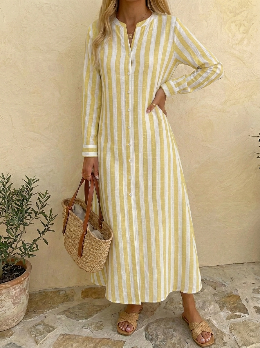 HOT SALE🔥 Women's Button Stripe Cotton Linen Long Dress