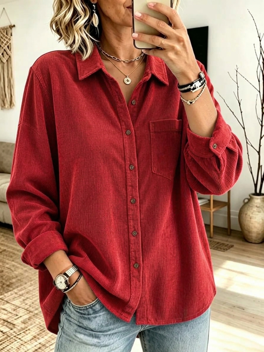Women's Casual Loose Corduroy Button Down Shirt