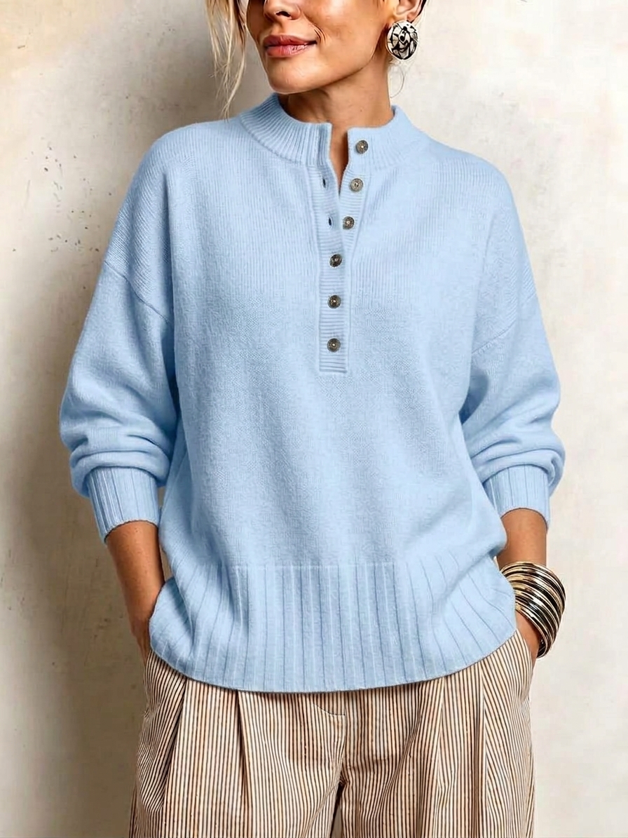 Women's Casual Solid Crew Neck Button Loose Cashmere Sweater
