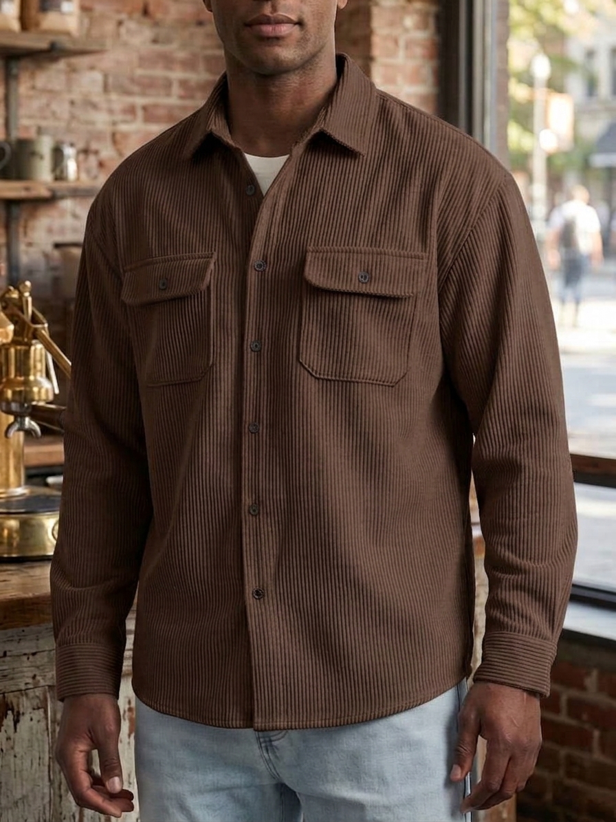 Men's Casual Comfortable Solid Lapel Pocket Long Sleeve Polo Shirt