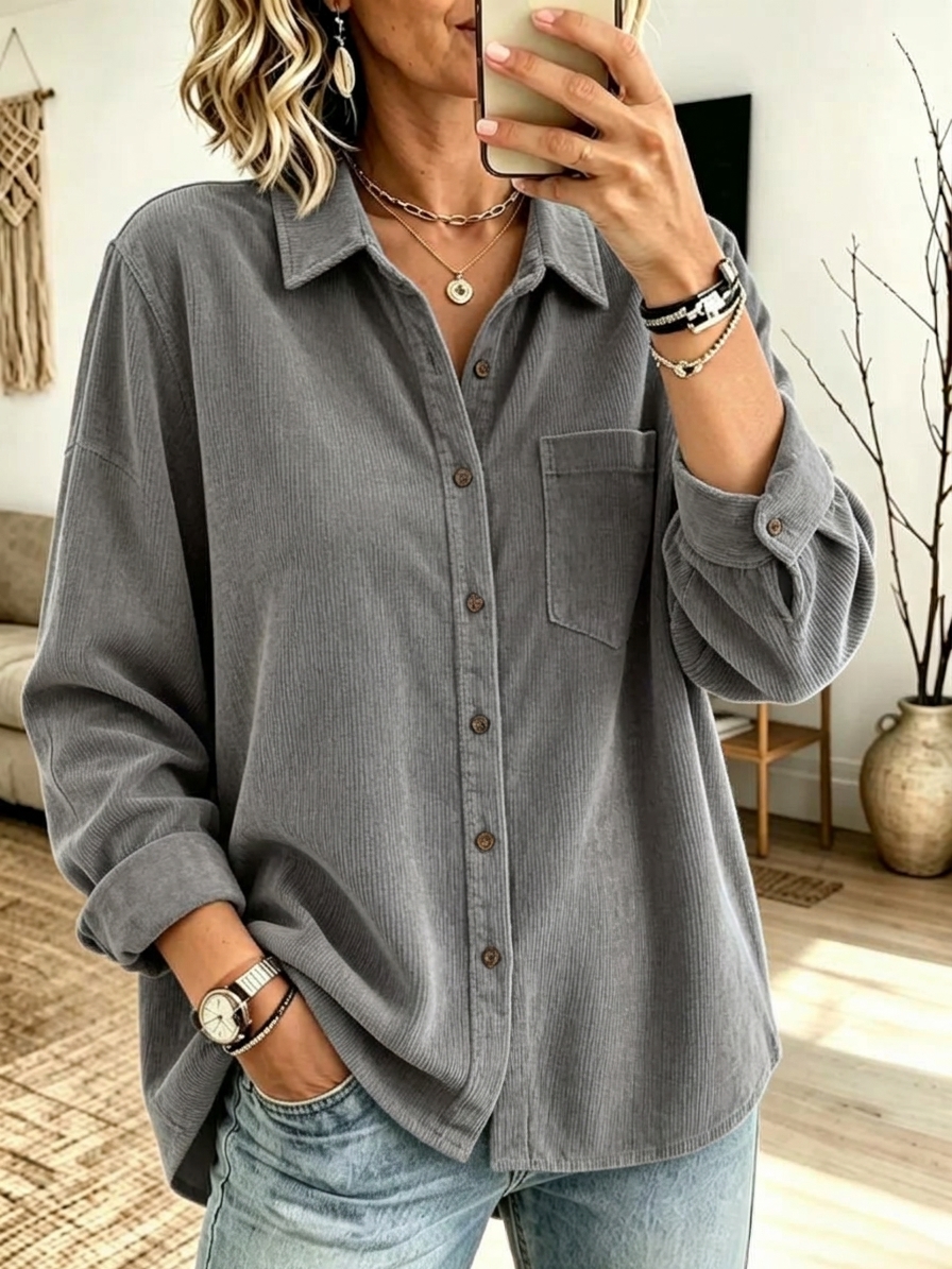 Women's Casual Loose Corduroy Button Down Shirt