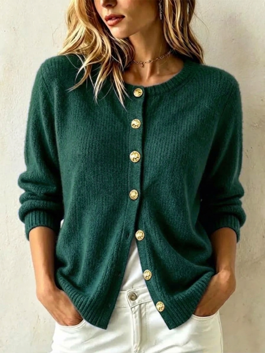 Women's Casual Loose Gold-button Cashmere Knit Cardigan with Crew Neck