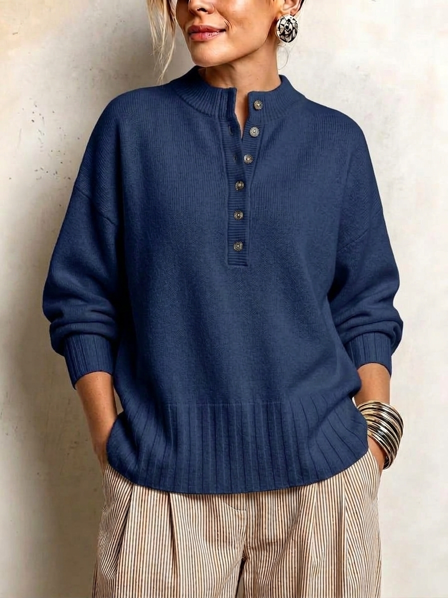 Women's Casual Solid Crew Neck Button Loose Cashmere Sweater