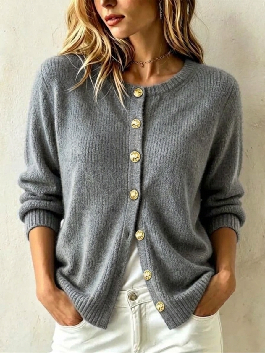 Women's Casual Loose Gold-button Cashmere Knit Cardigan with Crew Neck