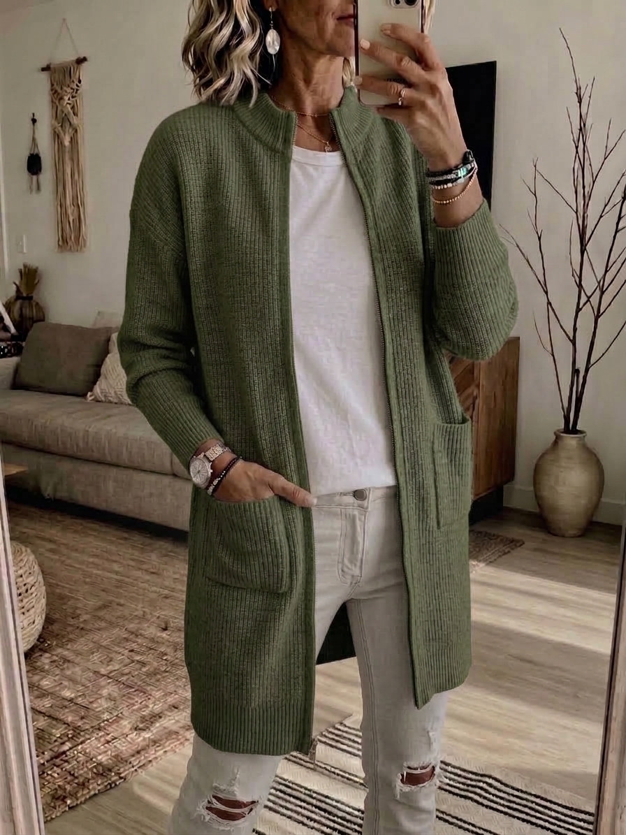 CLEARANCE 💥 Women's Casual Solid Zipper Knitted Cardigan Long Jacket
