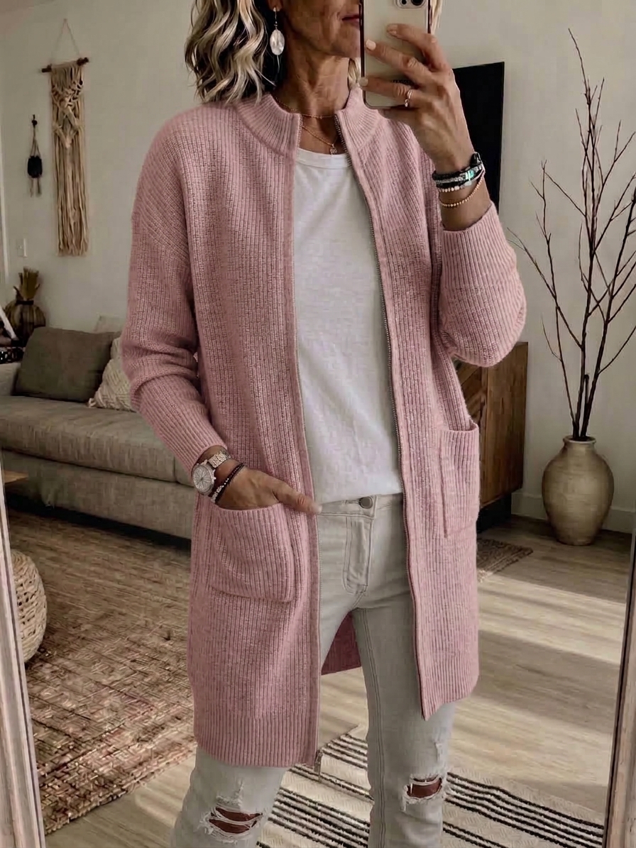 CLEARANCE 💥 Women's Casual Solid Zipper Knitted Cardigan Long Jacket