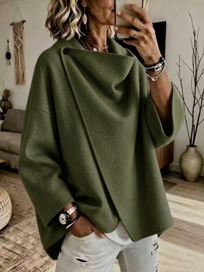 CLEARANCE SALE🔥 Women's Casual Solid Button Wide Sleeves Wool Breasted Coat