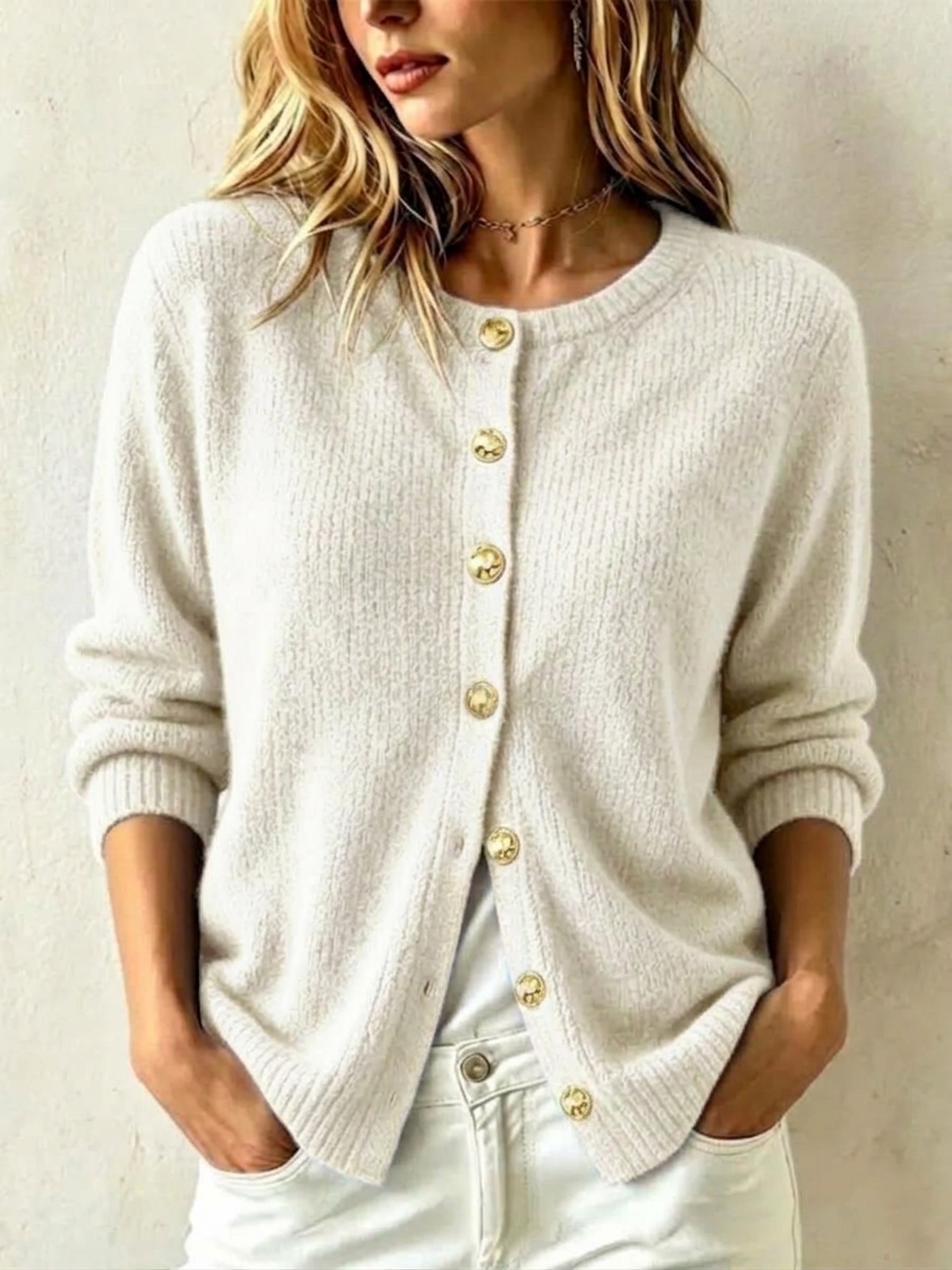 Women's Casual Loose Gold-button Cashmere Knit Cardigan with Crew Neck