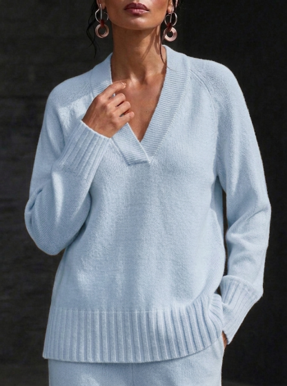 HOT SALE💥 Women's Casual V-neck Soft Sweater and Wide-Leg Pants Cashmere Suit