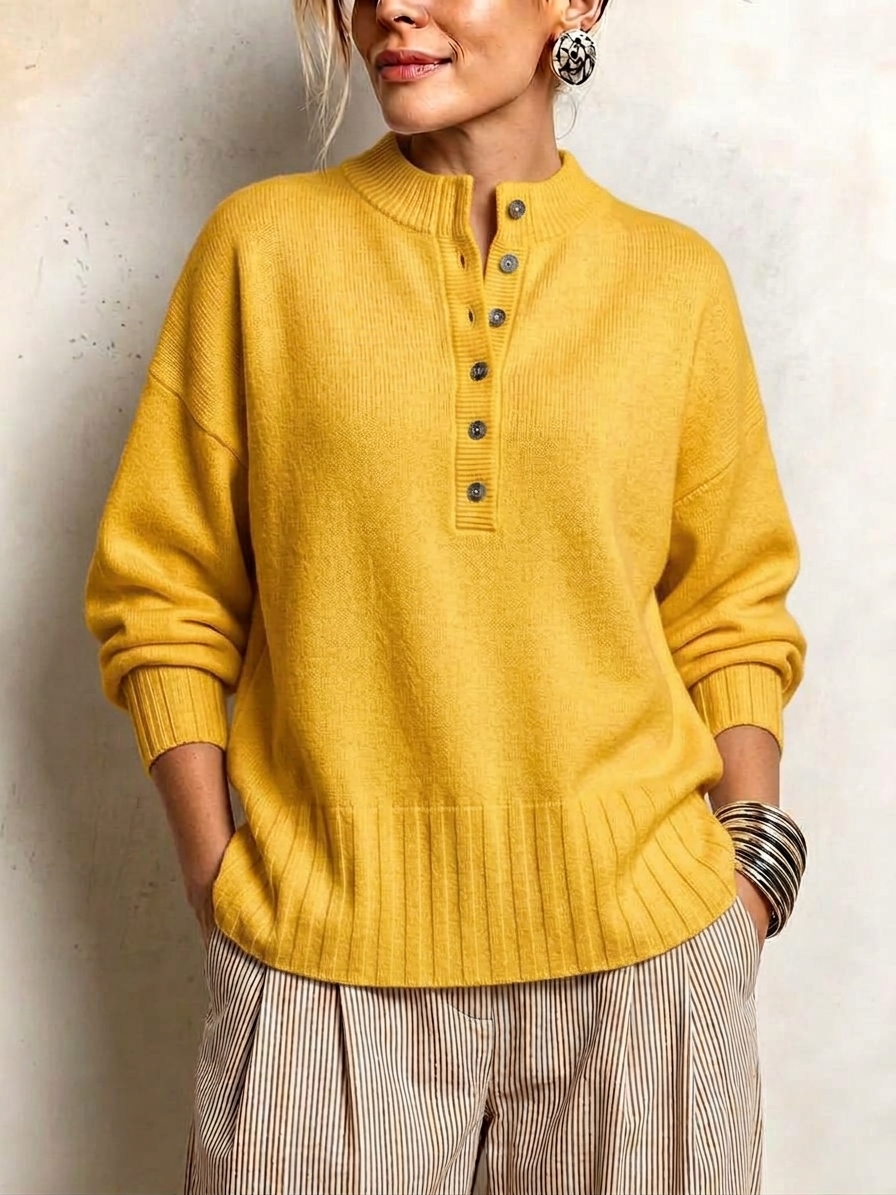 Women's Casual Solid Crew Neck Button Loose Cashmere Sweater