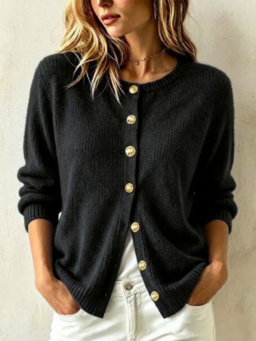 Women's Casual Loose Gold-button Cashmere Knit Cardigan with Crew Neck