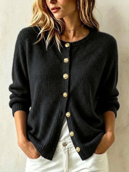 Women's Casual Loose Gold-button Cashmere Knit Cardigan with Crew Neck