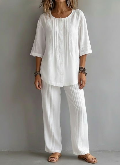 Today 49% OFF🔥 Women’s Casual Cotton Linen Round Neck Pleated Shirt and Wide-leg Pleated Pants Set