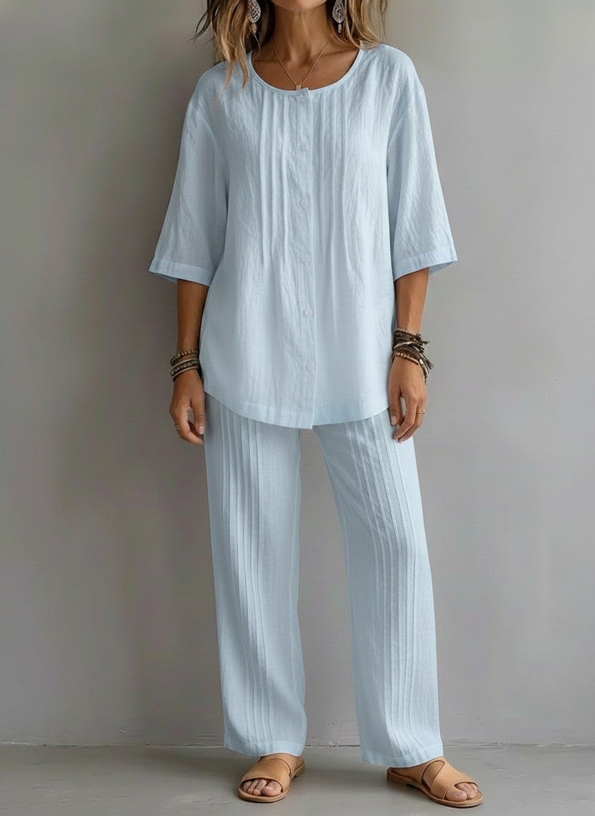 Today 49% OFF🔥 Women’s Casual Cotton Linen Round Neck Pleated Shirt and Wide-leg Pleated Pants Set