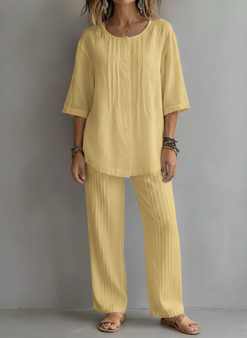Today 49% OFF🔥 Women’s Casual Cotton Linen Round Neck Pleated Shirt and Wide-leg Pleated Pants Set