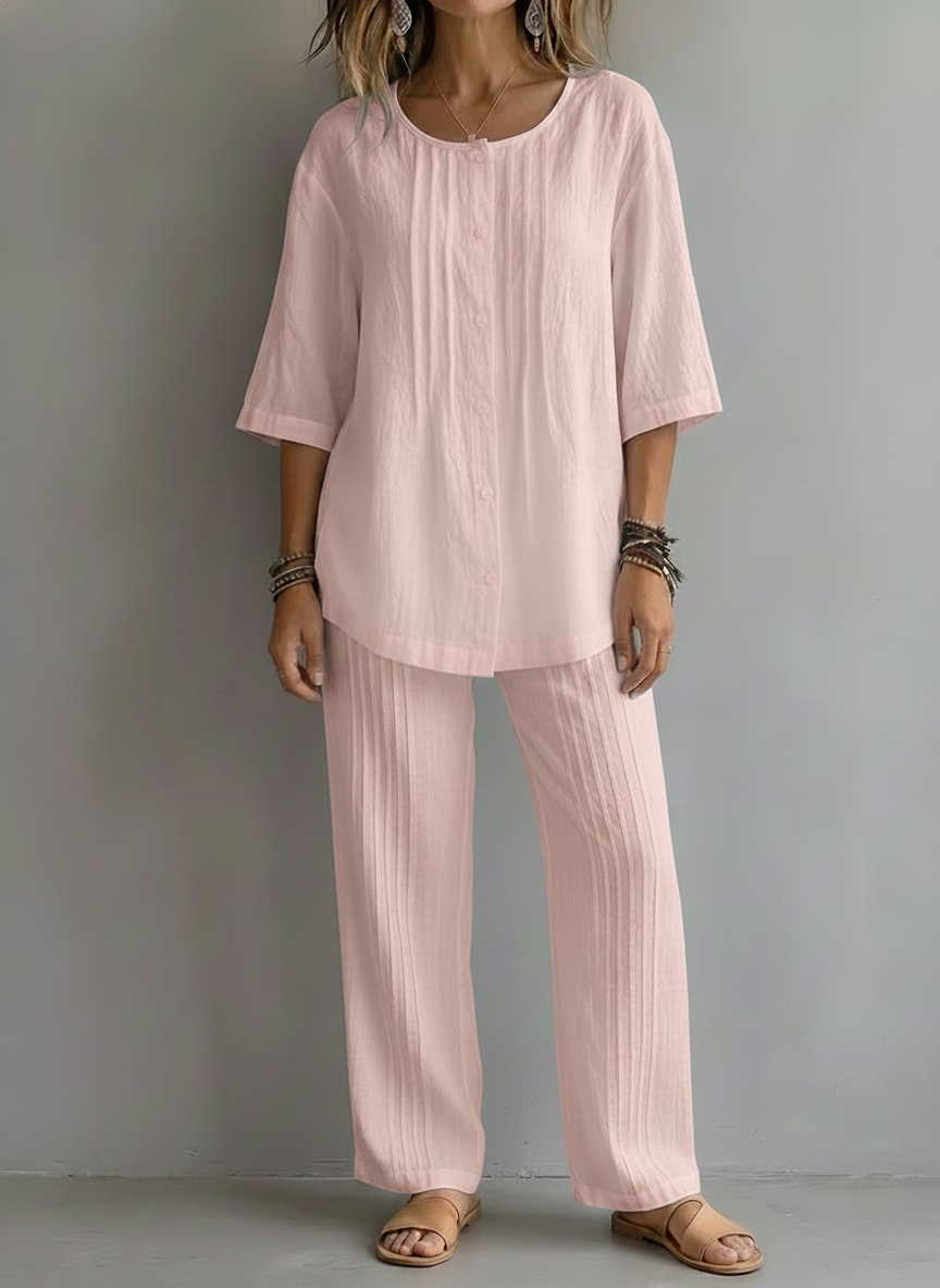 Today 49% OFF🔥 Women’s Casual Cotton Linen Round Neck Pleated Shirt and Wide-leg Pleated Pants Set