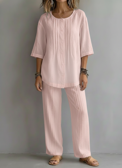 Today 49% OFF🔥 Women’s Casual Cotton Linen Round Neck Pleated Shirt and Wide-leg Pleated Pants Set