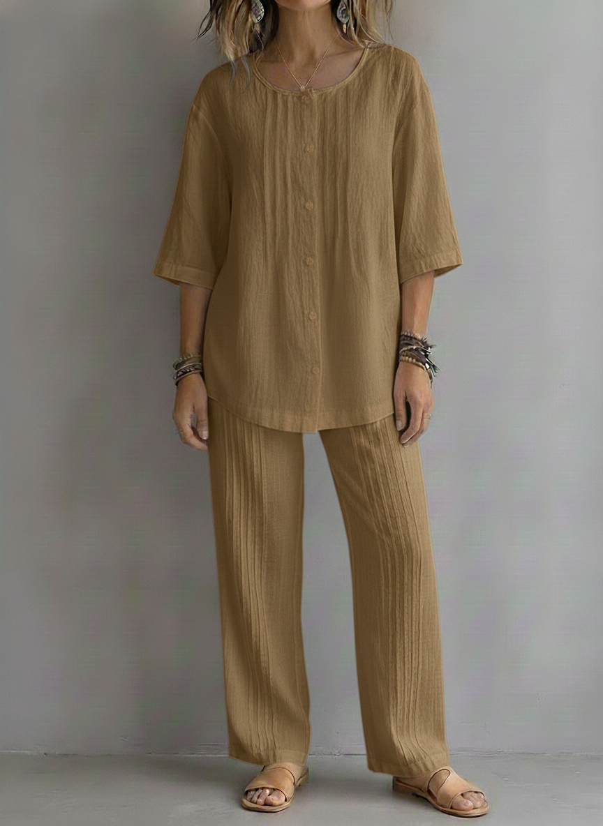 Today 49% OFF🔥 Women’s Casual Cotton Linen Round Neck Pleated Shirt and Wide-leg Pleated Pants Set