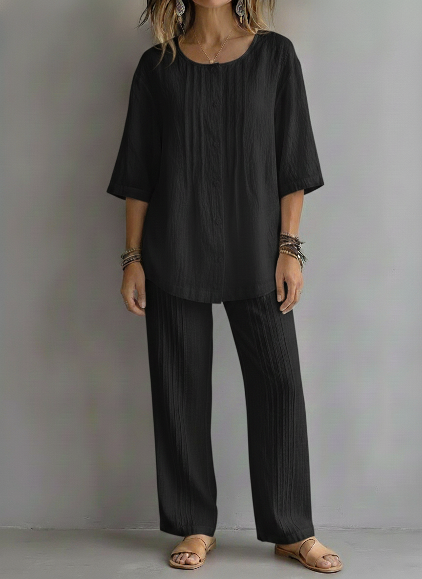 Today 49% OFF🔥 Women’s Casual Cotton Linen Round Neck Pleated Shirt and Wide-leg Pleated Pants Set