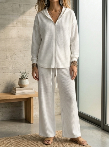CLEARANCE SALE🔥 Women’s Casual Waffle Zipper Hoodie Cardigan and Wide-leg Pants Set