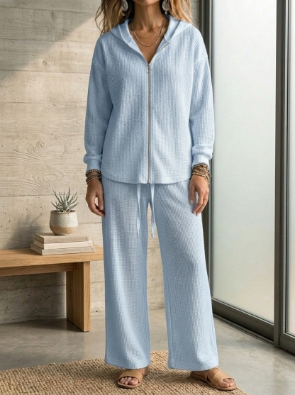 CLEARANCE SALE🔥 Women’s Casual Waffle Zipper Hoodie Cardigan and Wide-leg Pants Set