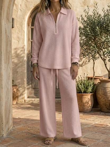 CLEARANCE SALE🔥 Women’s Casual Waffle Zipper Long Sleeve Shirt and Wide-leg Pants Set