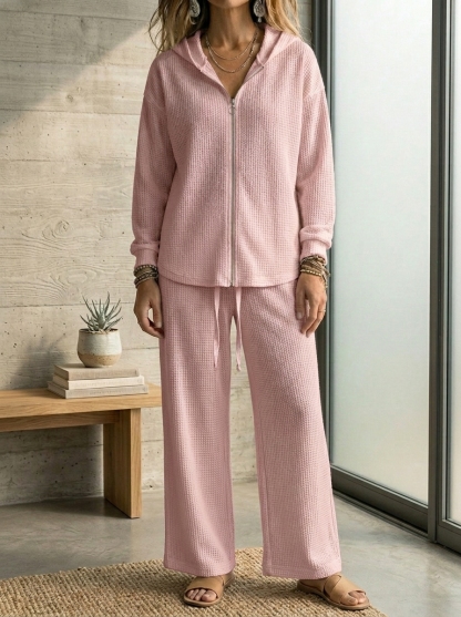 CLEARANCE SALE🔥 Women’s Casual Waffle Zipper Hoodie Cardigan and Wide-leg Pants Set