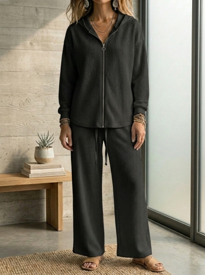 CLEARANCE SALE🔥 Women’s Casual Waffle Zipper Hoodie Cardigan and Wide-leg Pants Set