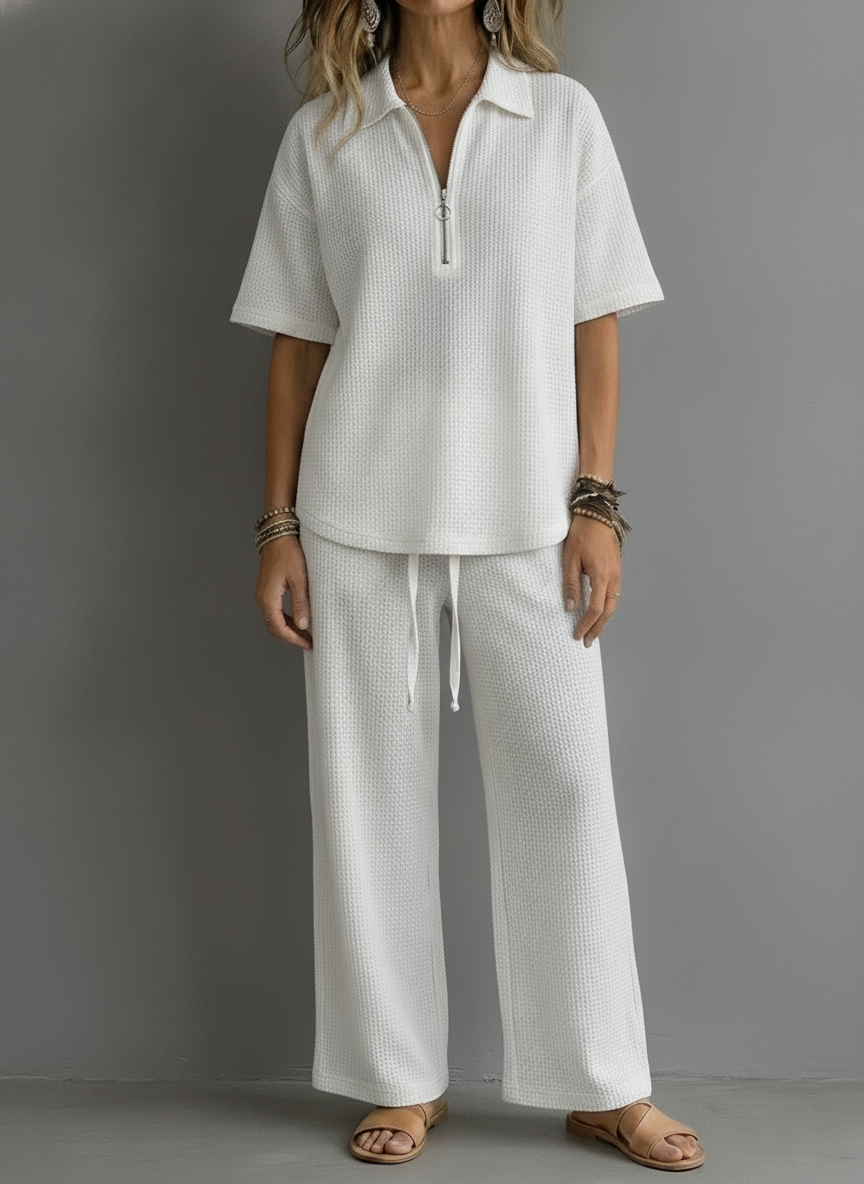 CLEARANCE SALE🔥 Women’s Casual Waffle Zipper Shirt and Wide-leg Pants Set